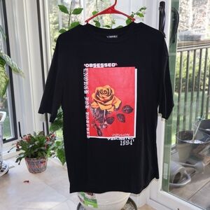 SHEIN Black Short-Sleeve Tee with Yellow Rose Graphic on Red Panel